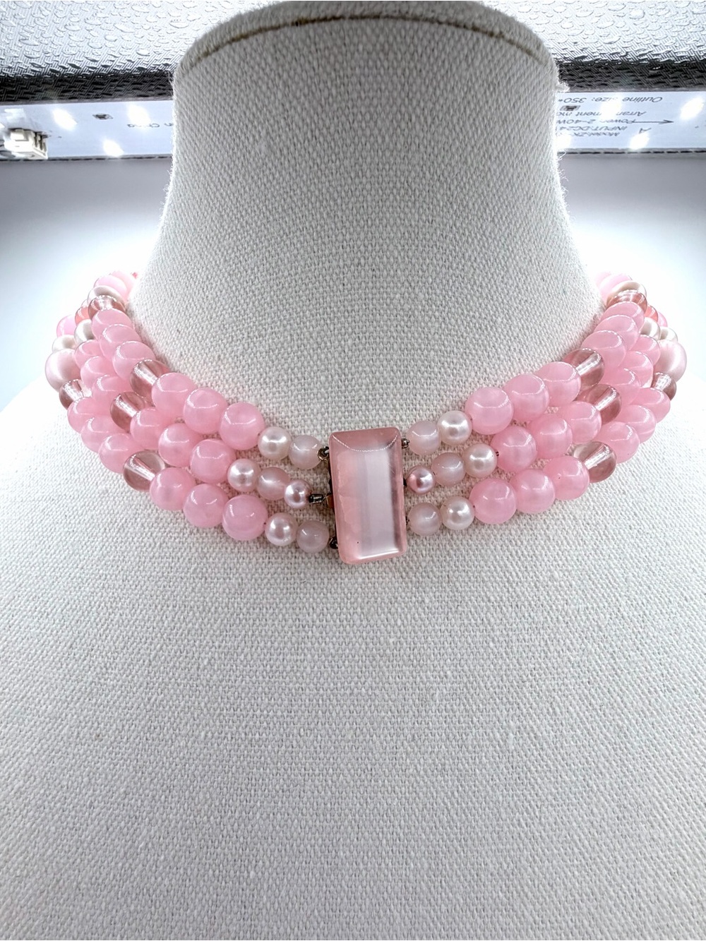 Vintage Mid-Century Modern Faux Pearl Three Strand Metal Clasp Pink Necklace